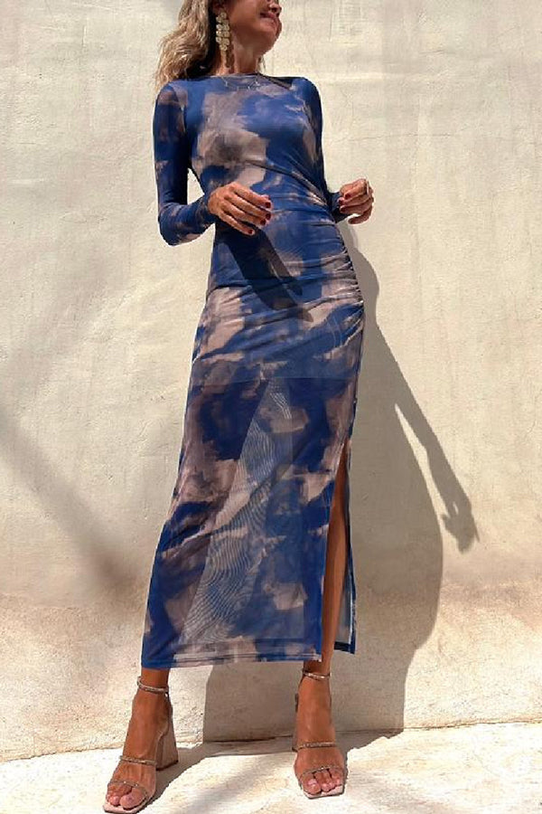 Nayla | Robe Midi Froncée à Manches Longues et Tulle Tie-Dye
