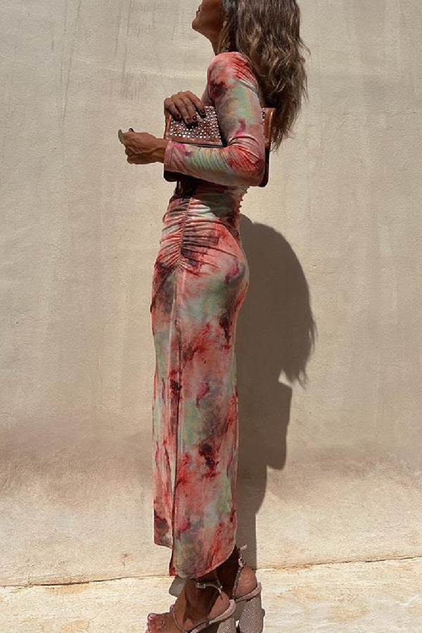 Nayla | Robe Midi Froncée à Manches Longues et Tulle Tie-Dye