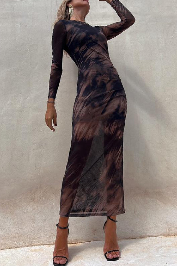 Nayla | Robe Midi Froncée à Manches Longues et Tulle Tie-Dye