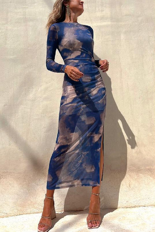 Nayla | Robe Midi Froncée à Manches Longues et Tulle Tie-Dye