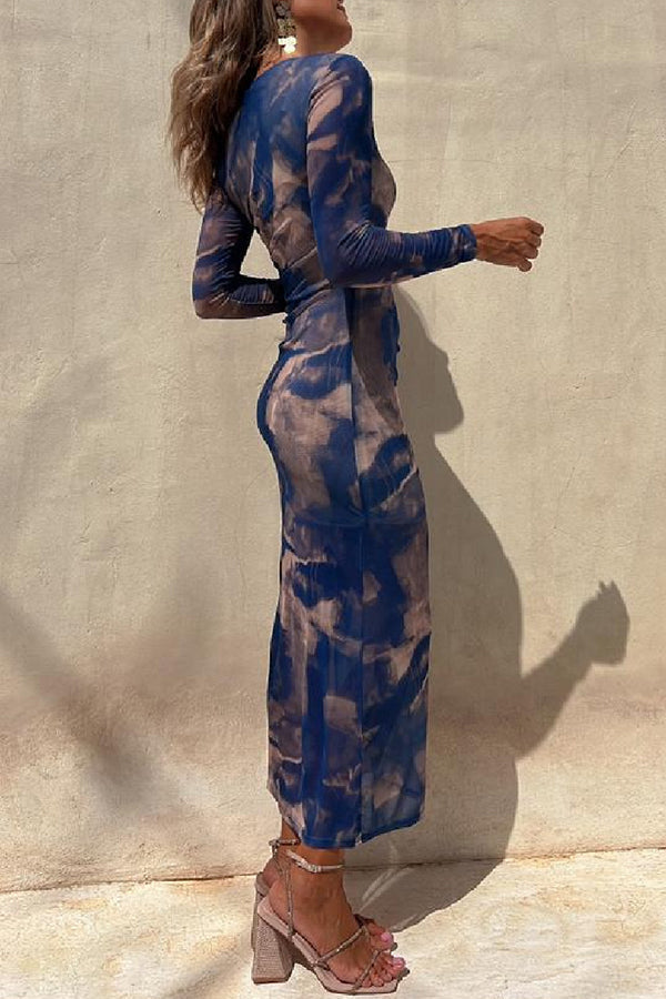 Nayla | Robe Midi Froncée à Manches Longues et Tulle Tie-Dye