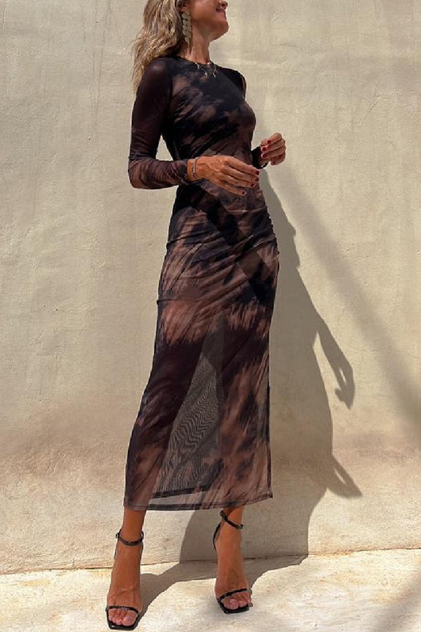 Nayla | Robe Midi Froncée à Manches Longues et Tulle Tie-Dye