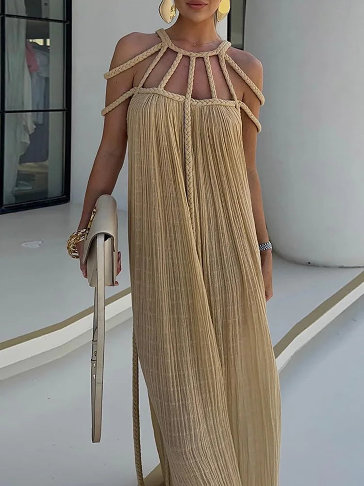 Lorine | Robe Maxi Drapée en Lin Tressé