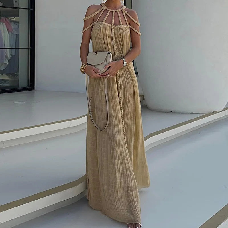 Lorine | Robe Maxi Drapée en Lin Tressé
