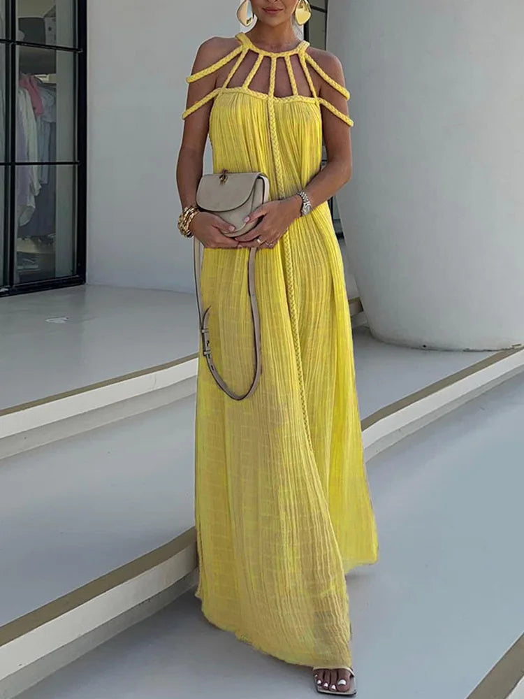 Lorine | Robe Maxi Drapée en Lin Tressé