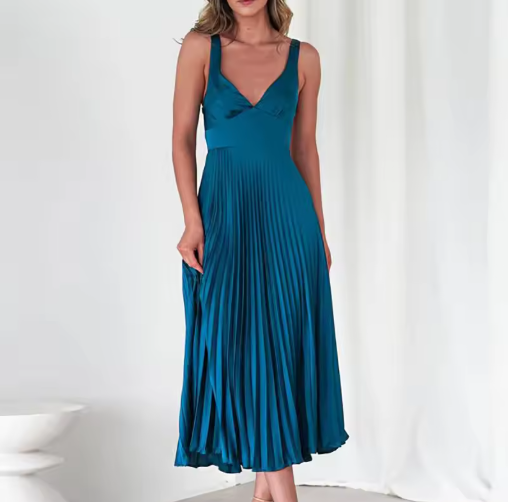 Aby - Gelbes Plissiertes V-Ausschnitt Maxikleid