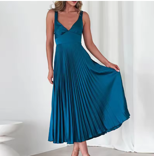 Aby - Gelbes Plissiertes V-Ausschnitt Maxikleid