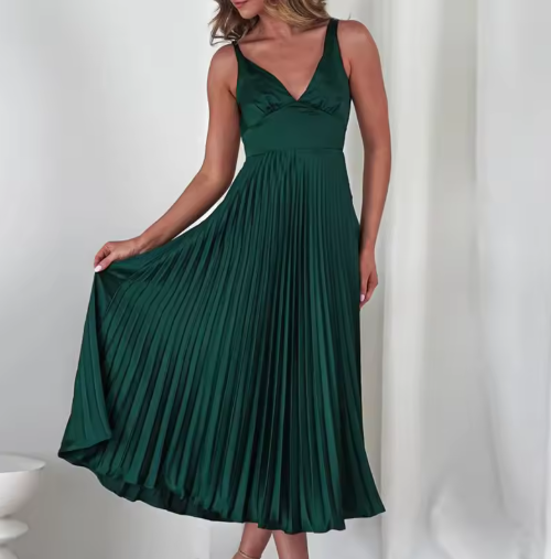 Aby - Gelbes Plissiertes V-Ausschnitt Maxikleid