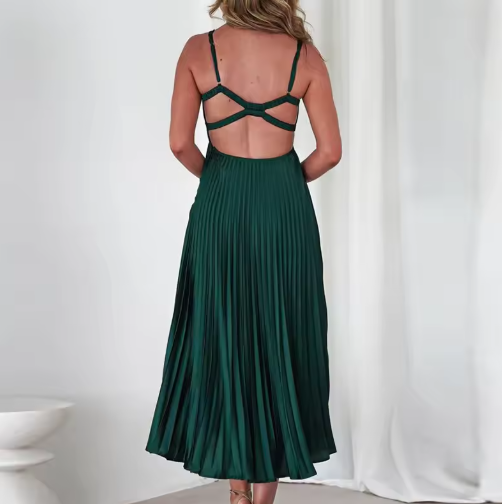 Aby - Gelbes Plissiertes V-Ausschnitt Maxikleid