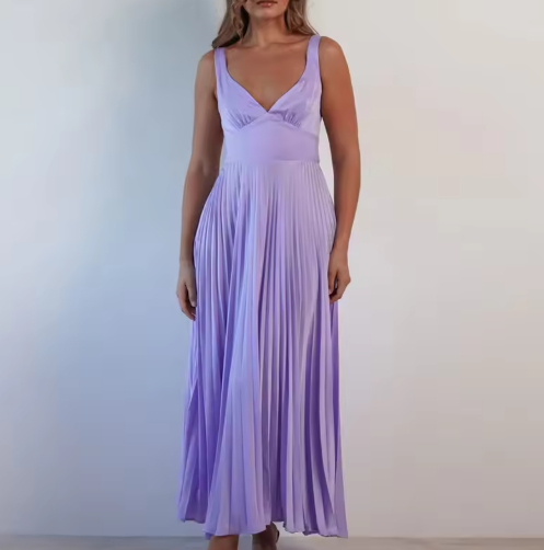 Aby - Gelbes Plissiertes V-Ausschnitt Maxikleid