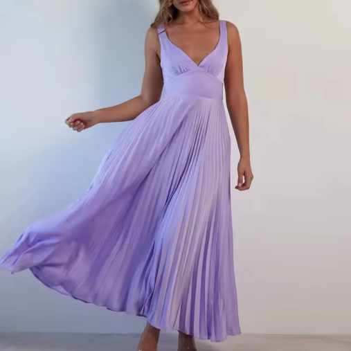 Aby - Gelbes Plissiertes V-Ausschnitt Maxikleid