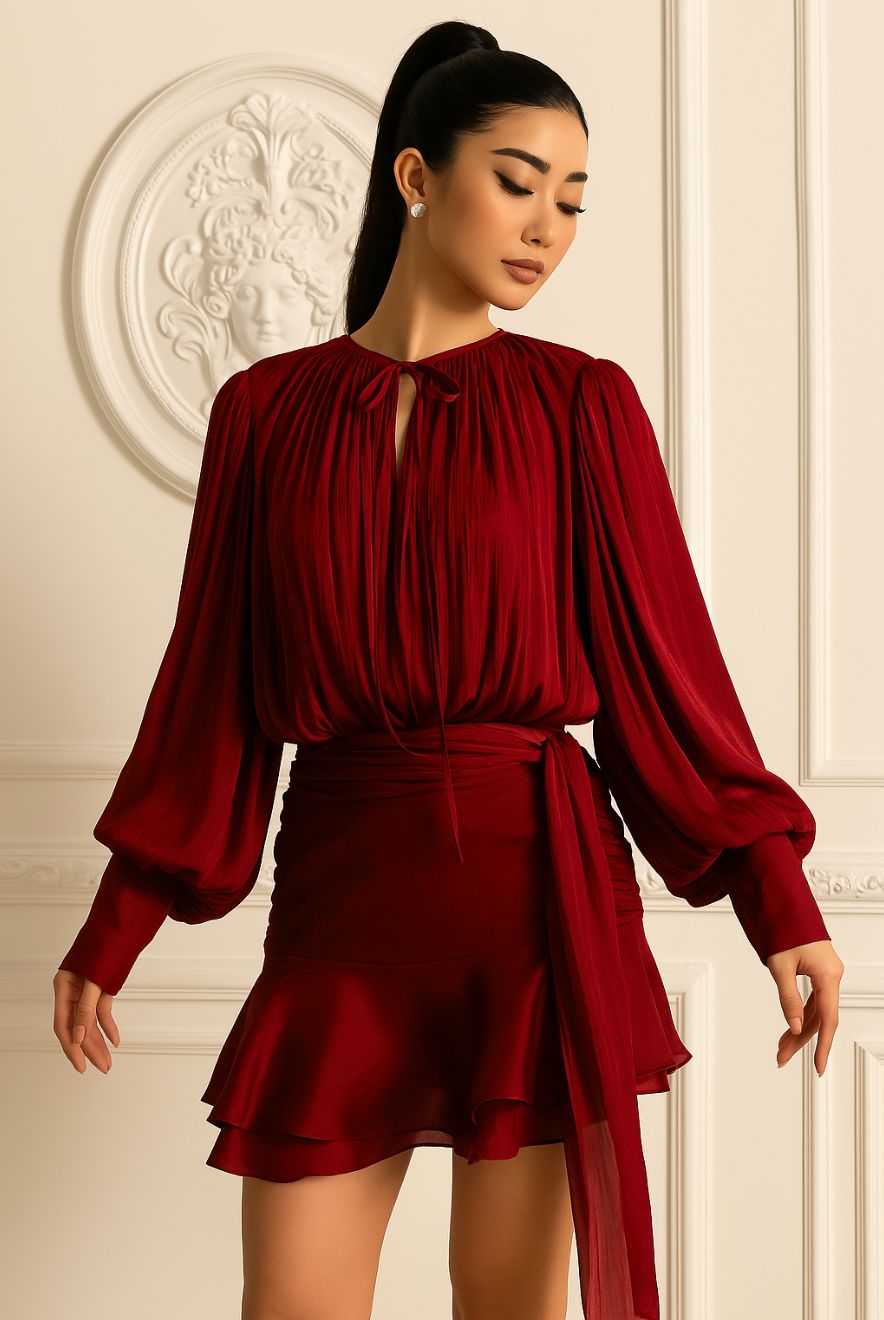 Séraphine | Robe Courte Plissée à Manches Longues