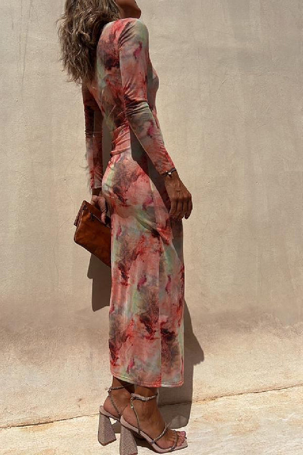 Nayla | Robe Midi Froncée à Manches Longues et Tulle Tie-Dye