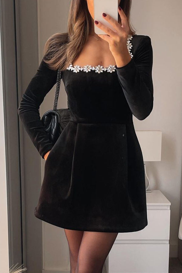 Solena | Robe Mini en Velours à Bijoux et Poches