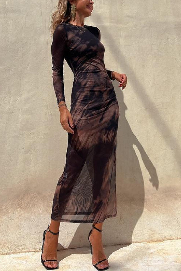 Nayla | Robe Midi Froncée à Manches Longues et Tulle Tie-Dye