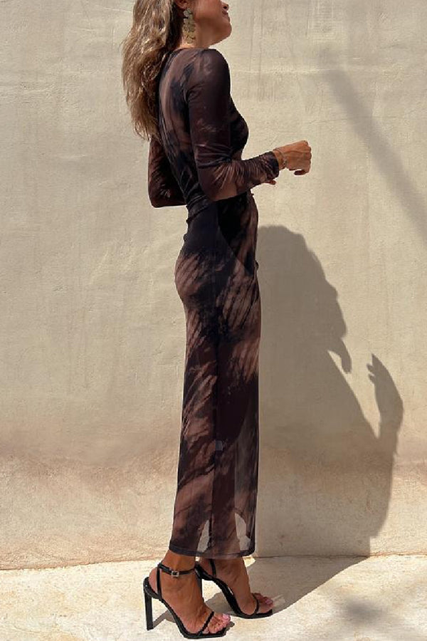 Nayla | Robe Midi Froncée à Manches Longues et Tulle Tie-Dye