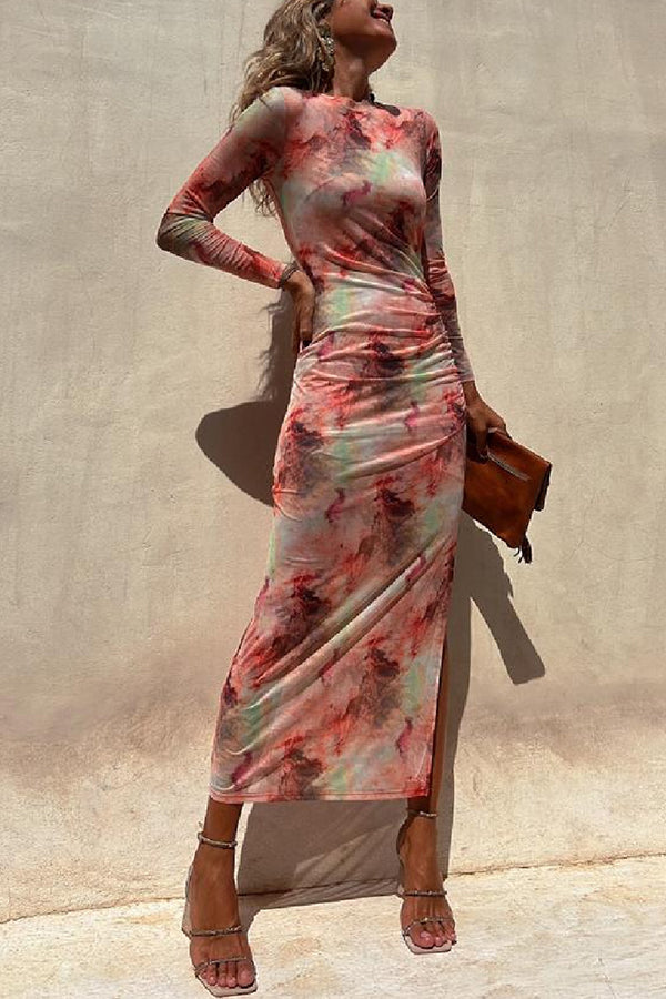 Nayla | Robe Midi Froncée à Manches Longues et Tulle Tie-Dye