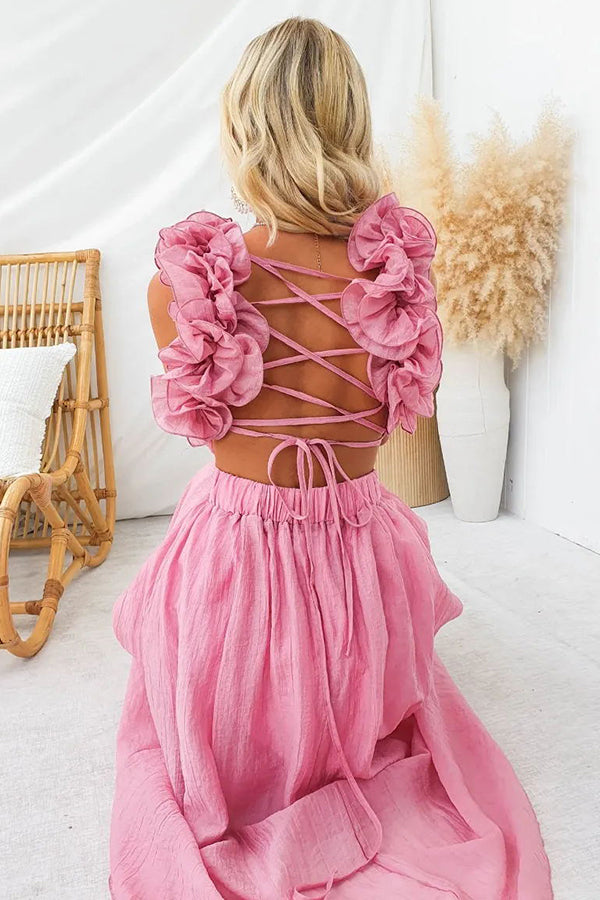 Clarisse | Robe Maxi Fleurie à Volants et Lacets au Dos