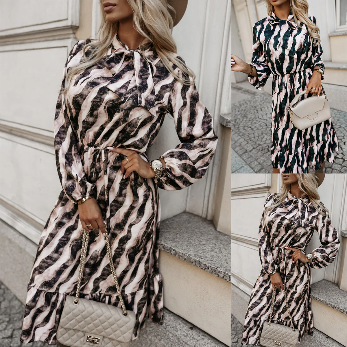 Clémence | Robe Longue à Motif Zèbre et Nœud Taille