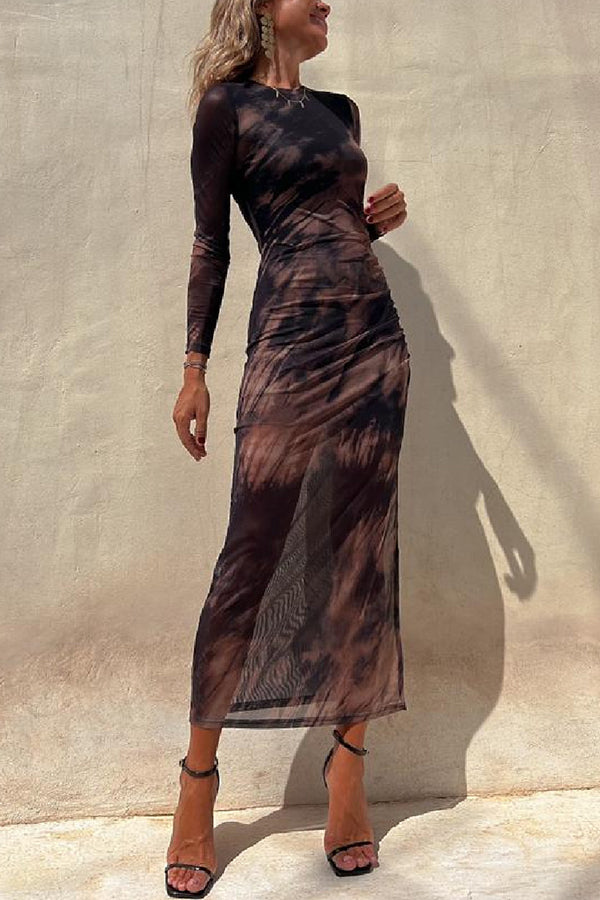 Nayla | Robe Midi Froncée à Manches Longues et Tulle Tie-Dye
