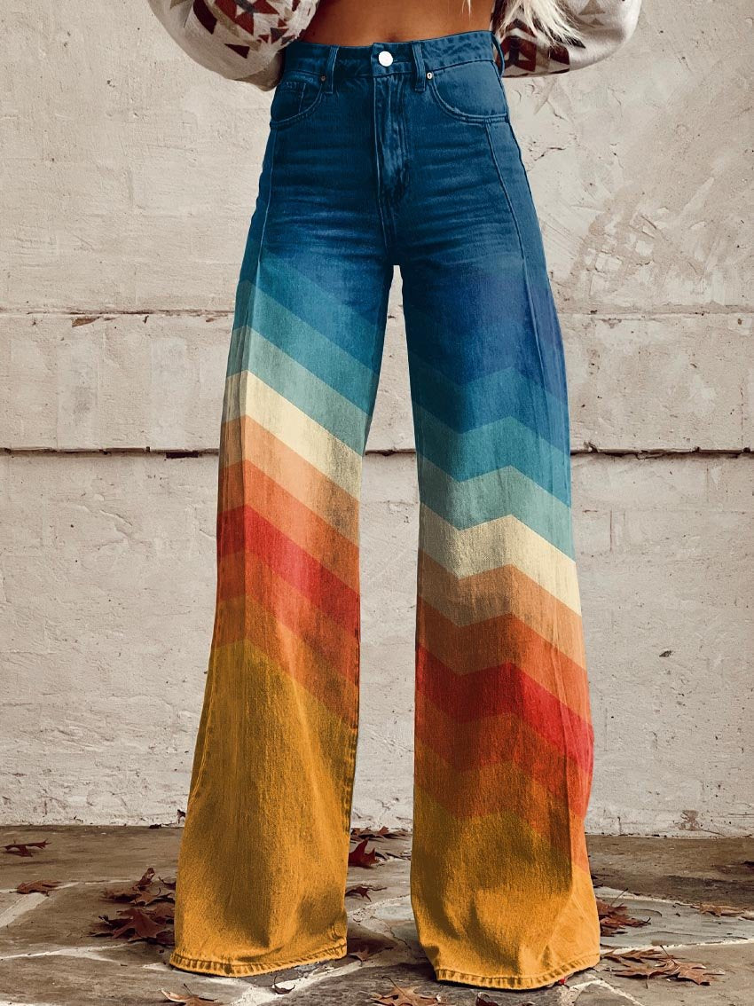 Élodie | Pantalon Large à Motif Chevron Couleurs Coucher de Soleil