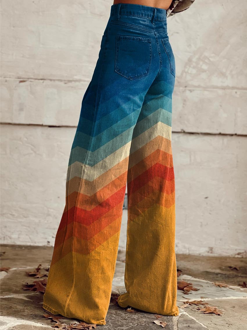 Élodie | Pantalon Large à Motif Chevron Couleurs Coucher de Soleil