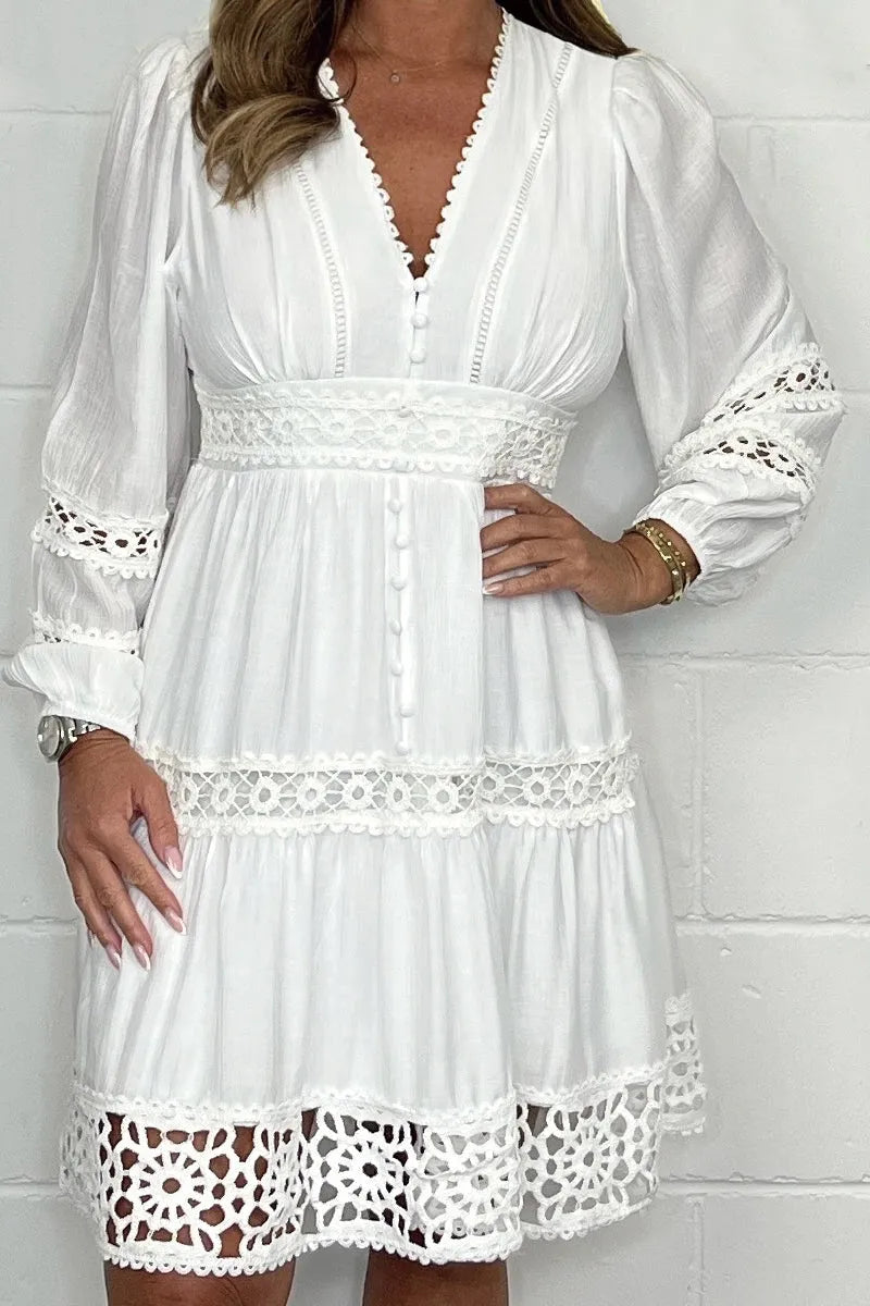 Clémence | Robe en Coton à Col V et Dentelle